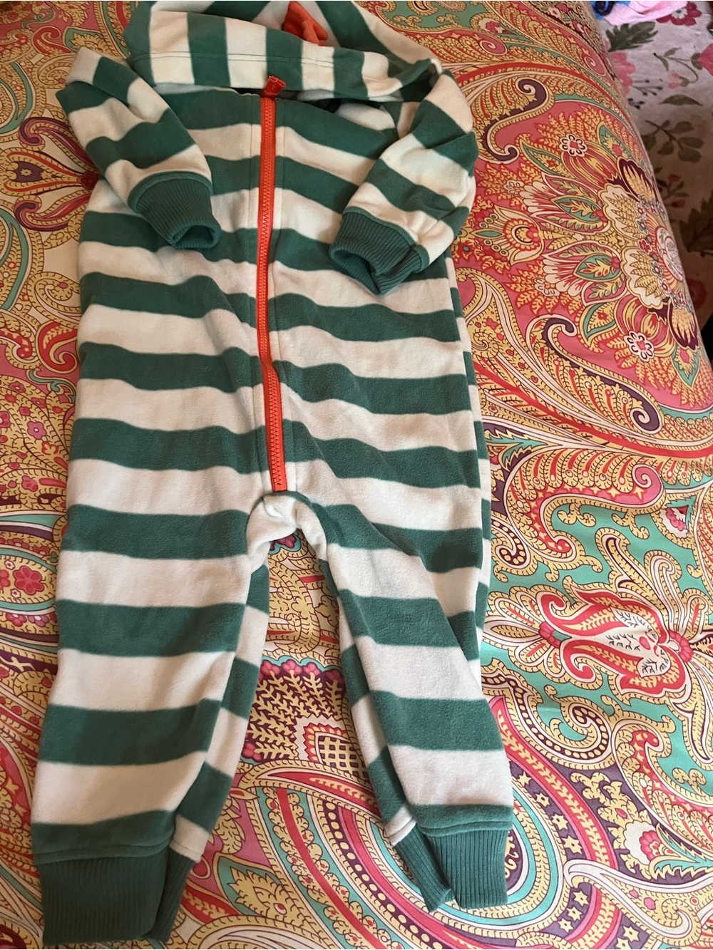 Carter's Green and White Striped Dinosaur Hood with Orange Zipper